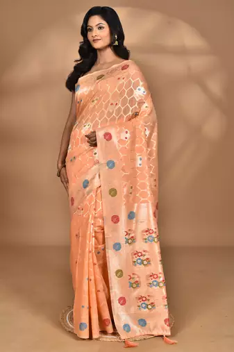 peach chanderi silk blend saree with blouse piece