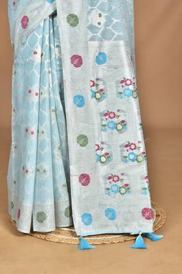 blue chanderi silk blend saree with blouse piece 1