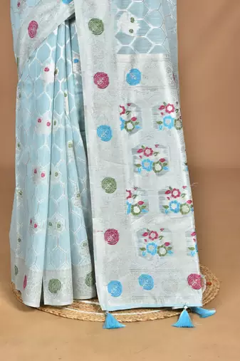 blue chanderi silk blend saree with blouse piece