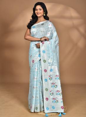 blue chanderi silk blend saree with blouse piece 2