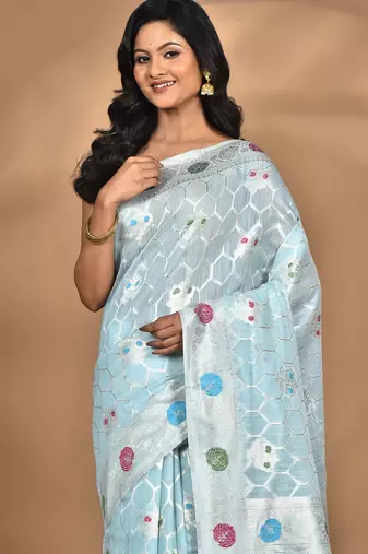 blue chanderi silk blend saree with blouse piece