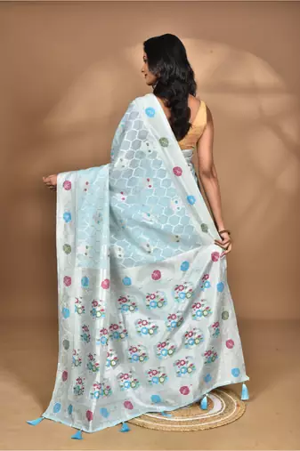 blue chanderi silk blend saree with blouse piece
