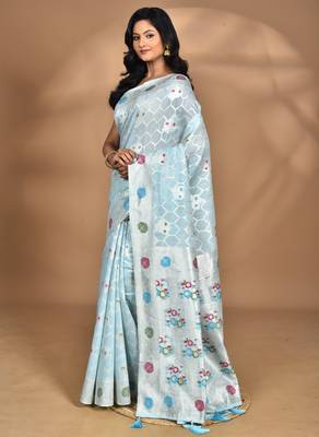 blue chanderi silk blend saree with blouse piece 5