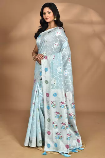 blue chanderi silk blend saree with blouse piece