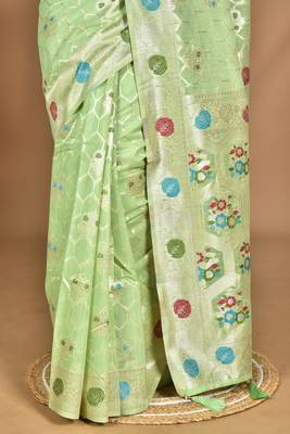 light green chanderi silk blend saree with blouse piece 1