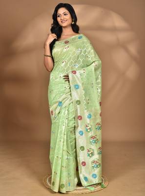 light green chanderi silk blend saree with blouse piece 2