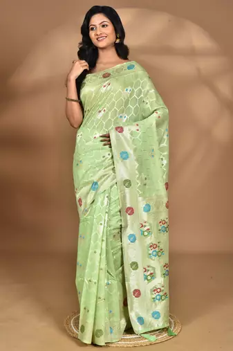 light green chanderi silk blend saree with blouse piece