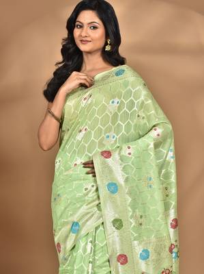 light green chanderi silk blend saree with blouse piece 3