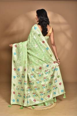 light green chanderi silk blend saree with blouse piece 4