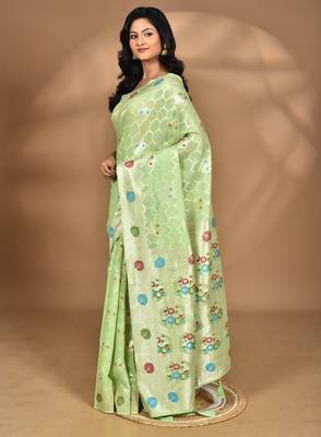 light green chanderi silk blend saree with blouse piece 5