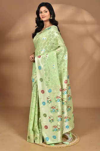 light green chanderi silk blend saree with blouse piece