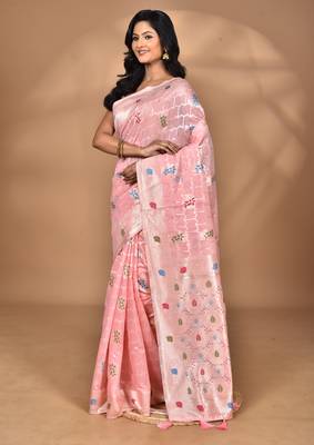 pink chanderi silk blend saree with blouse piece 1