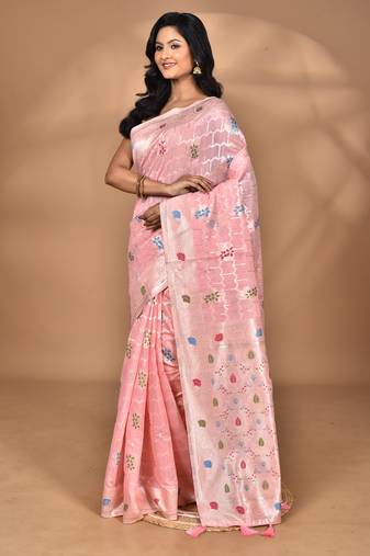 pink chanderi silk blend saree with blouse piece