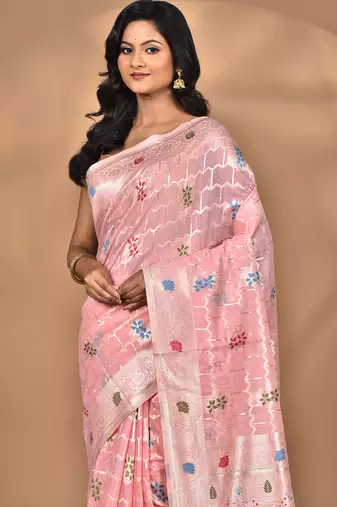 pink chanderi silk blend saree with blouse piece