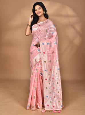 pink chanderi silk blend saree with blouse piece 3