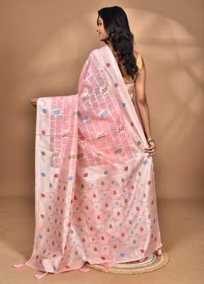 pink chanderi silk blend saree with blouse piece 4