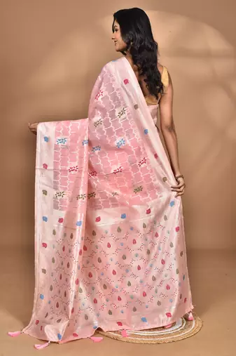 pink chanderi silk blend saree with blouse piece