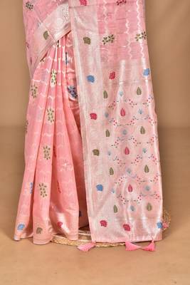 pink chanderi silk blend saree with blouse piece 5