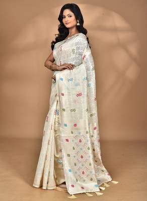 cream chanderi silk blend saree with blouse piece 1