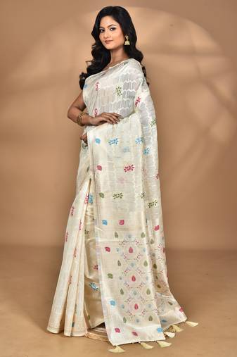 cream chanderi silk blend saree with blouse piece