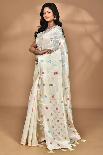 cream chanderi silk blend saree with blouse piece