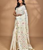 cream chanderi silk blend saree with blouse piece