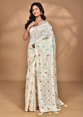 cream chanderi silk blend saree with blouse piece 3