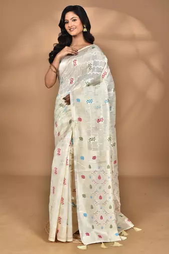 cream chanderi silk blend saree with blouse piece