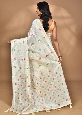 cream chanderi silk blend saree with blouse piece 4