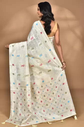 cream chanderi silk blend saree with blouse piece