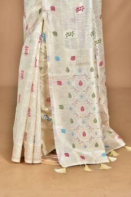 cream chanderi silk blend saree with blouse piece 5