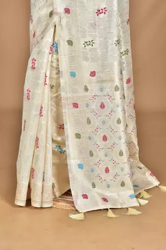 cream chanderi silk blend saree with blouse piece