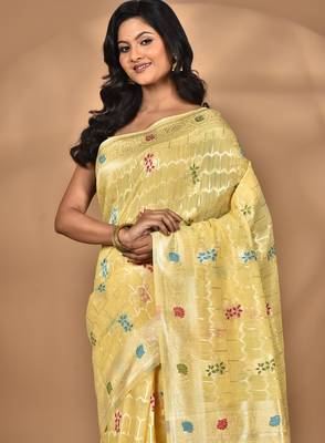 yellow chanderi silk blend saree with blouse piece 1