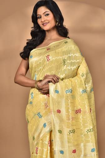 yellow chanderi silk blend saree with blouse piece