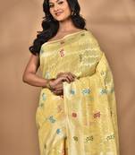 yellow chanderi silk blend saree with blouse piece