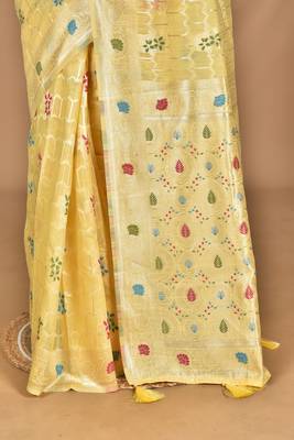 yellow chanderi silk blend saree with blouse piece 2