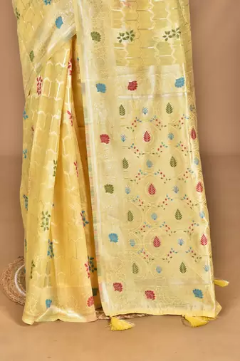 yellow chanderi silk blend saree with blouse piece