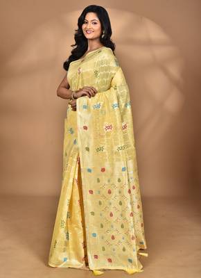 yellow chanderi silk blend saree with blouse piece 3