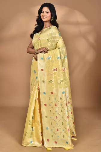 yellow chanderi silk blend saree with blouse piece