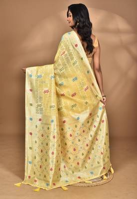 yellow chanderi silk blend saree with blouse piece 4