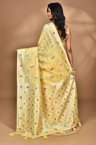 yellow chanderi silk blend saree with blouse piece