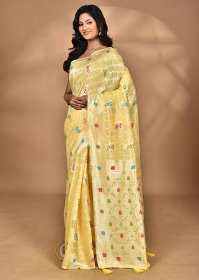 yellow chanderi silk blend saree with blouse piece 5
