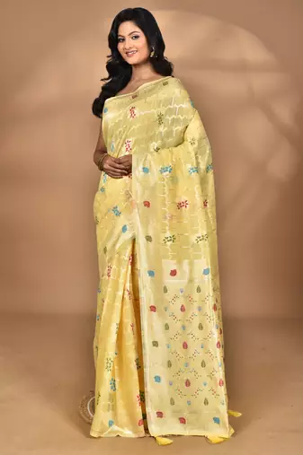 yellow chanderi silk blend saree with blouse piece