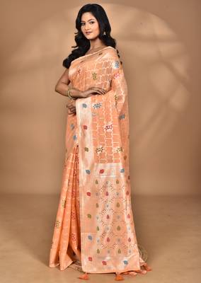 peach chanderi silk blend saree with blouse piece 1