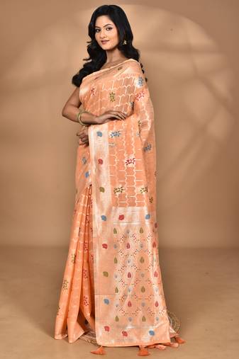 peach chanderi silk blend saree with blouse piece
