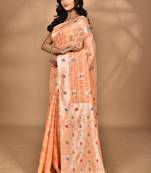 peach chanderi silk blend saree with blouse piece