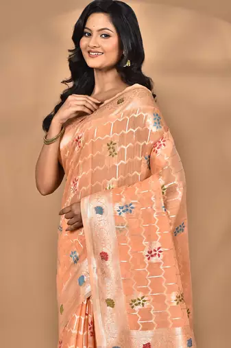 peach chanderi silk blend saree with blouse piece