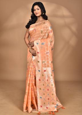peach chanderi silk blend saree with blouse piece 3