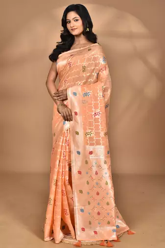 peach chanderi silk blend saree with blouse piece
