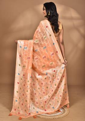 peach chanderi silk blend saree with blouse piece 4